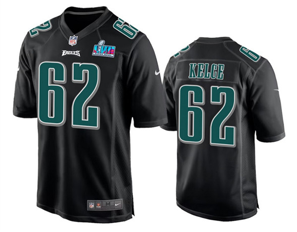 Men's Philadelphia Eagles #62 Jason Kelce Black Super Bowl LVII Patch Stitched Game Jersey